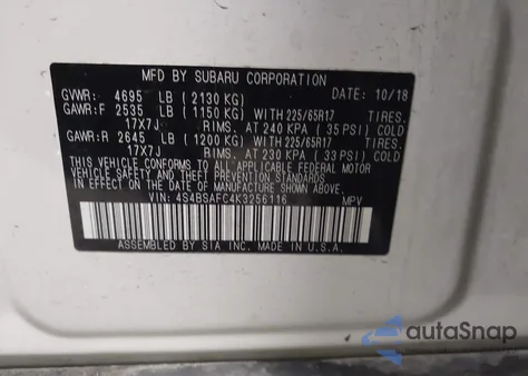 2019 Subaru Outback 2.5I Premium from USA, damaged, VIN 4S4BSAFC4K3256116